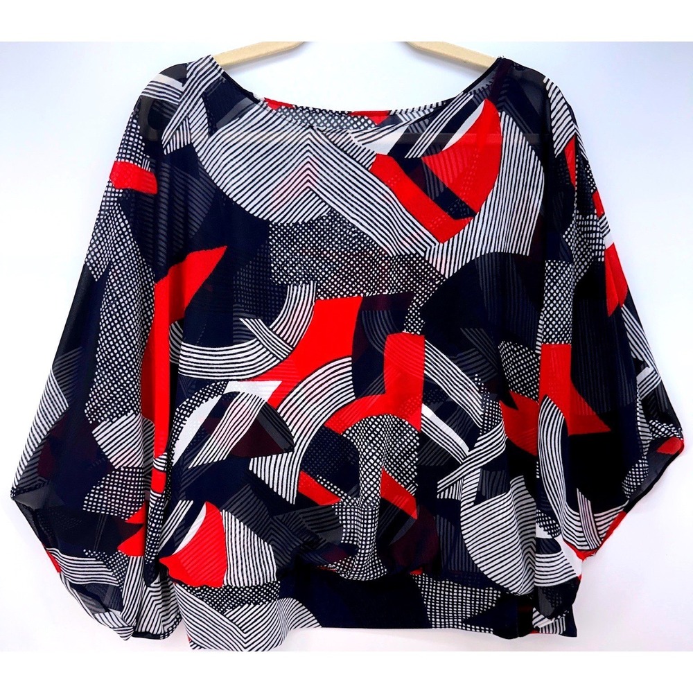 Alfani Sheer Art Deco Abstract Dolman Sleeve Blouson Top Sz M Art Built in Tank